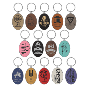 3" x 1 3/4" Laserable Leatherette/Metal Oval Keychain
