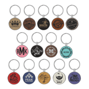 1 1/2" Laserable Leatherette/Metal Round Keychain