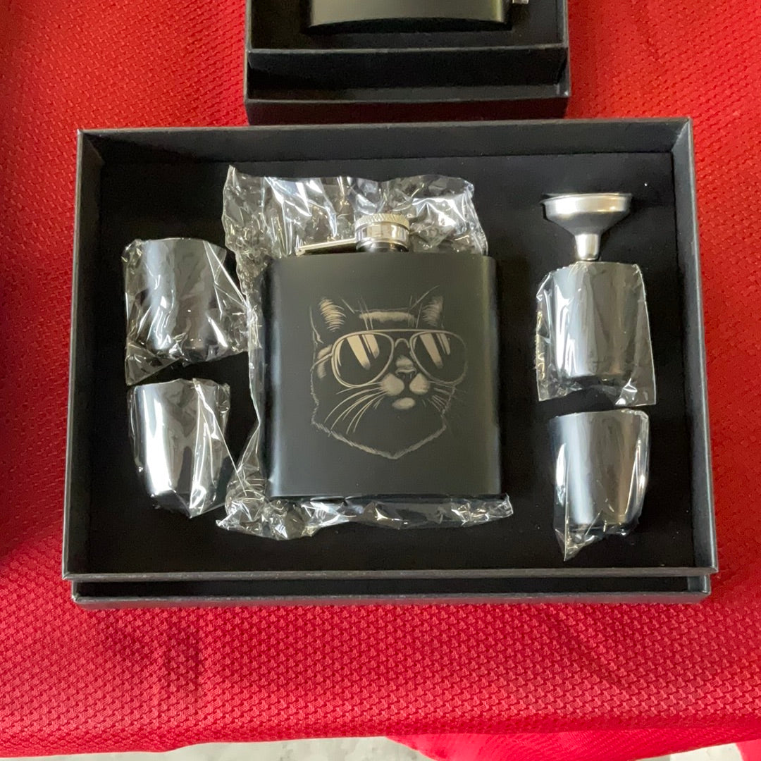 Black metal flask with 4 shot glasses